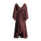 Fashionable V-neck Lantern Sleeve Dress with Elegant Pleated Lotus Leaf Edges for Women-Casual Fashion - The Artisan's Wardrobe