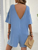 Backless Textured Romper with Round Neck and Half Sleeves for a Trendy Style-Casual Fashion - The Artisan's Wardrobe