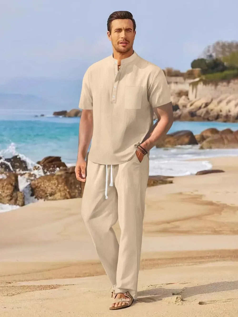 Men's Plus Size Set: Half Button Top and Drawstring Pants in Comfortable Styles-Casual Fashion - The Artisan's Wardrobe