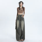 Wide-Leg Jeans Women's New Washed High-Waisted Loose Distressed Straight Leg Floor-Length Pants