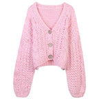 Women's Pink Knit Cardigan - Long Sleeved V-Neck Hollow Thick Loose Knit Jacket-Casual Fashion - The Artisan's Wardrobe