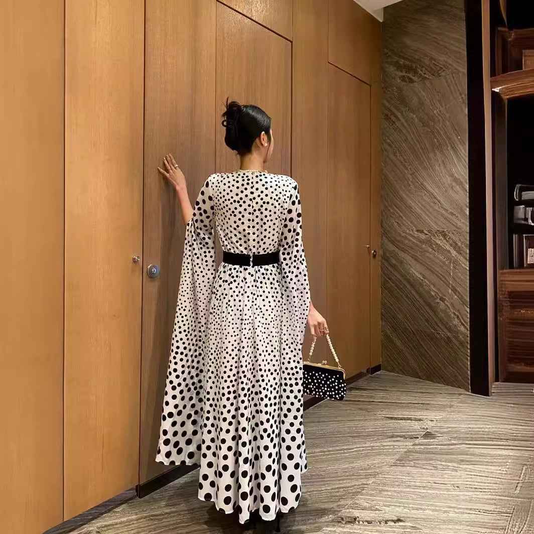 V-neck Polka Dot Dress with Slit - Long Sleeve Long Skirt Women's Dress-Casual Fashion - The Artisan's Wardrobe