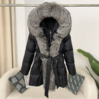 Hooded Down Jacket with Fox Fur Collar for Women-Casual Fashion - The Artisan's Wardrobe