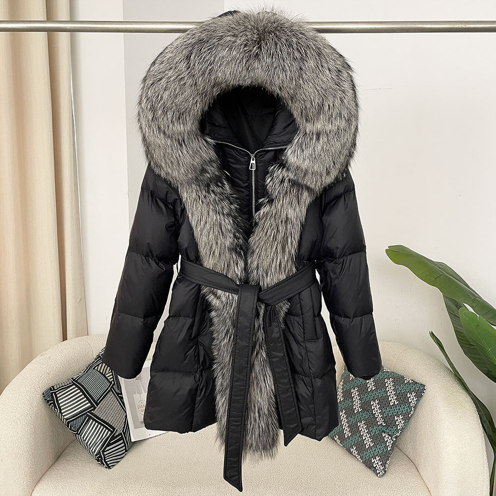 Hooded Down Jacket with Fox Fur Collar for Women