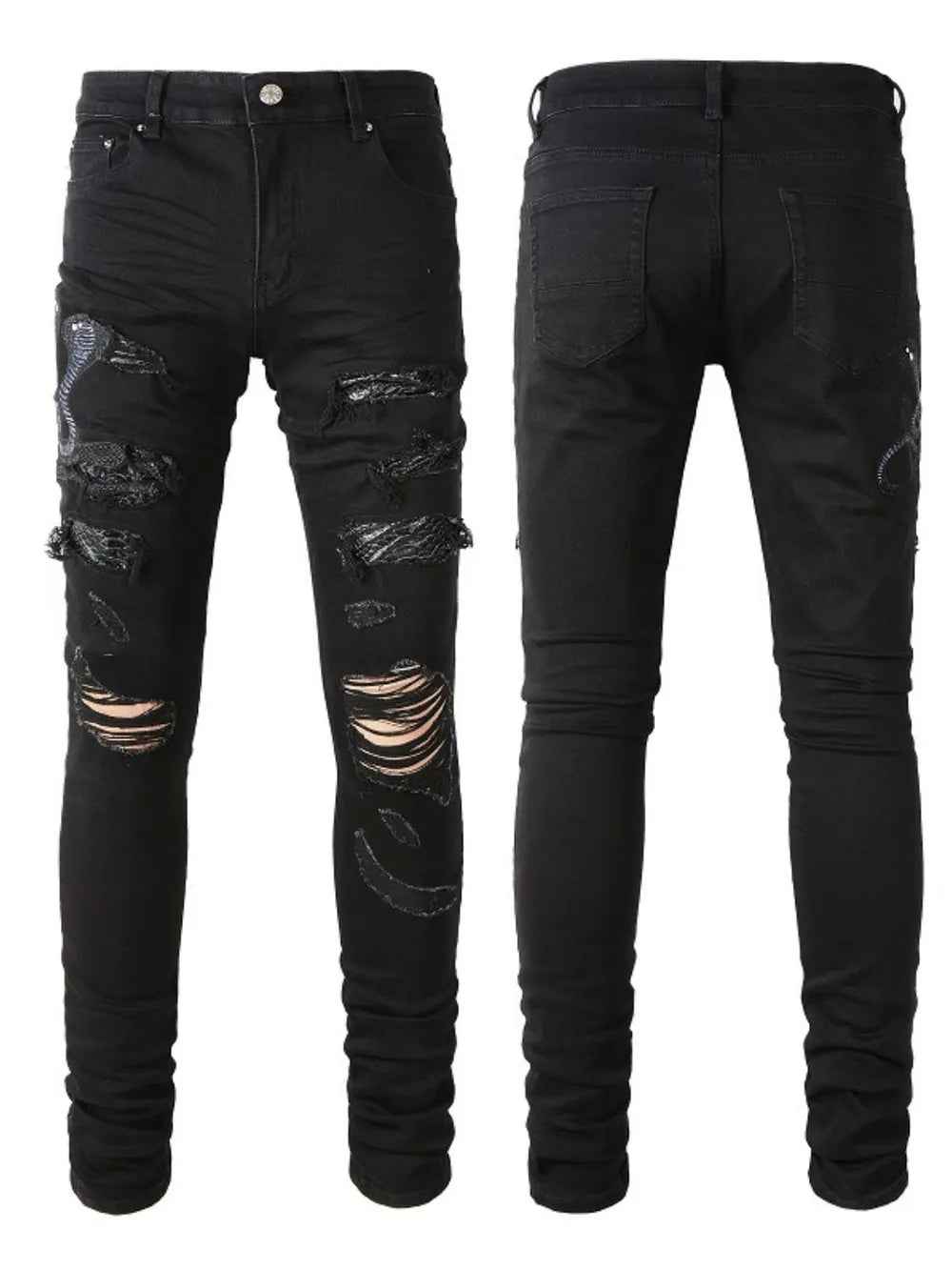 Men's Snake Embroidered Slim Jeans - Washed Style for a Trendy Look-Casual Fashion - The Artisan's Wardrobe