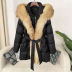Hooded Down Jacket with Fox Fur Collar for Women-Casual Fashion - The Artisan's Wardrobe