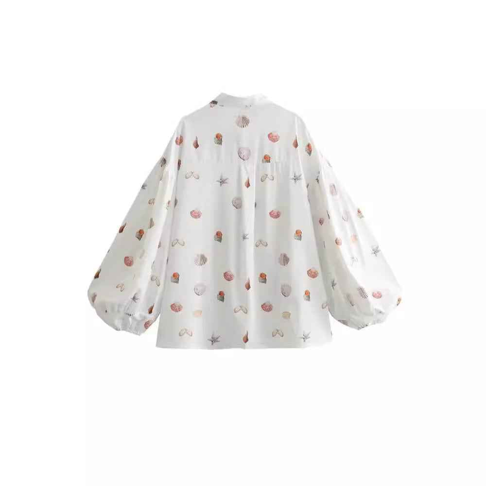 Fashion Shell Printed Long Sleeve Women's Casual Printed Shirt Set with Splicing Shorts-Casual Fashion - The Artisan's Wardrobe