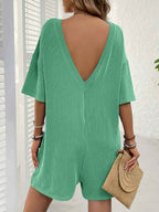 Backless Textured Romper with Round Neck and Half Sleeves for a Trendy Style-Casual Fashion - The Artisan's Wardrobe