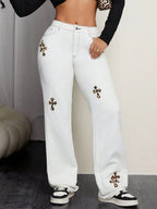 Leopard Cross Detail Straight Leg Jeans