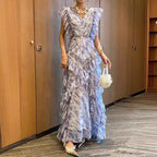 Vacation Style Light Colored V-Neck Lace Dress with Irregular Flying Sleeves and Pleated Design-Casual Fashion - The Artisan's Wardrobe