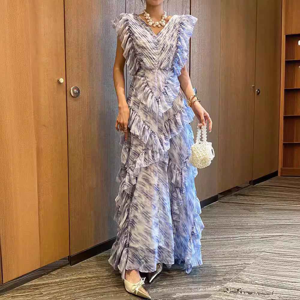 Vacation Style Light Colored V-Neck Lace Dress with Irregular Flying Sleeves and Pleated Design-Casual Fashion - The Artisan's Wardrobe