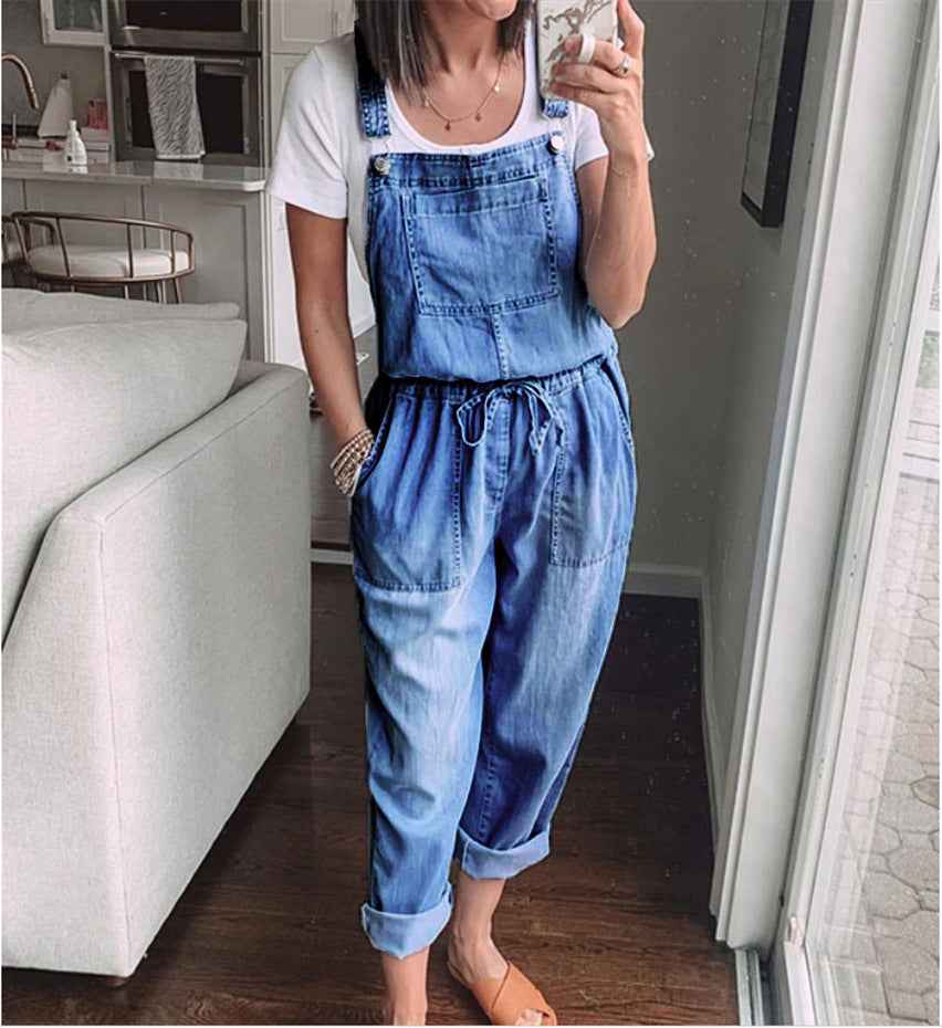 Spring Summer Drawstring Denim Overalls Women's Simple Casual With Stylish Pocket Slim Slim Feet Denim Pants