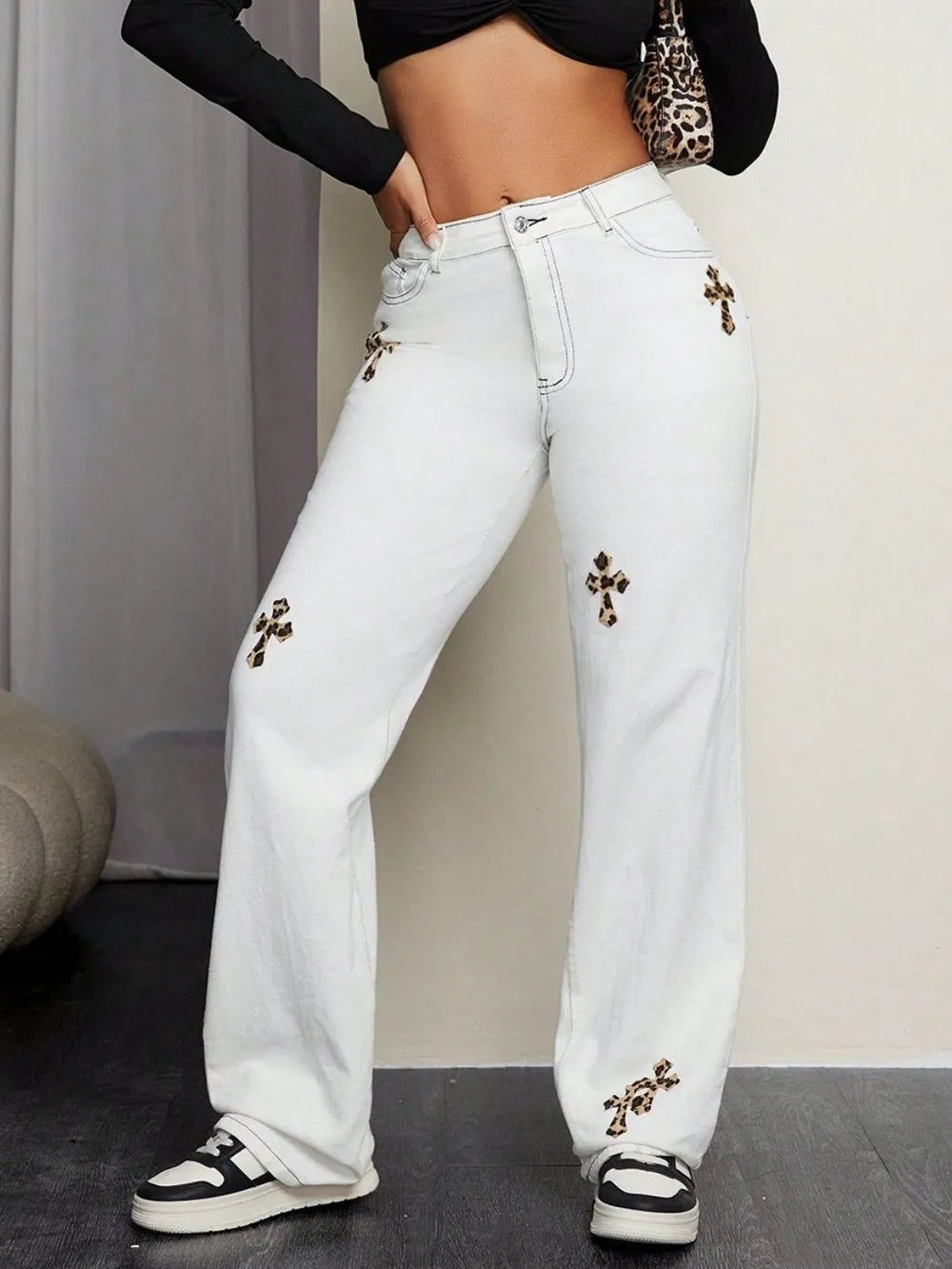 Leopard Cross Detail Straight Leg Jeans