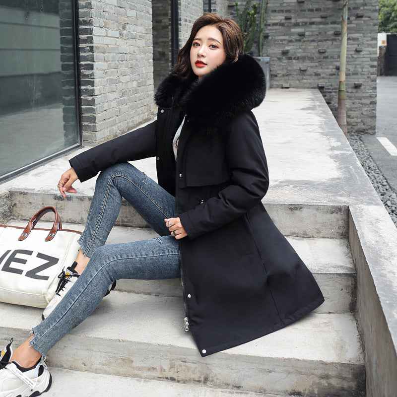 Korean Fur Collar Fleece Jacket for Women's Fashion - Long and Medium Length Cotton Jacket with Big Fur Collar-Casual Fashion - The Artisan's Wardrobe
