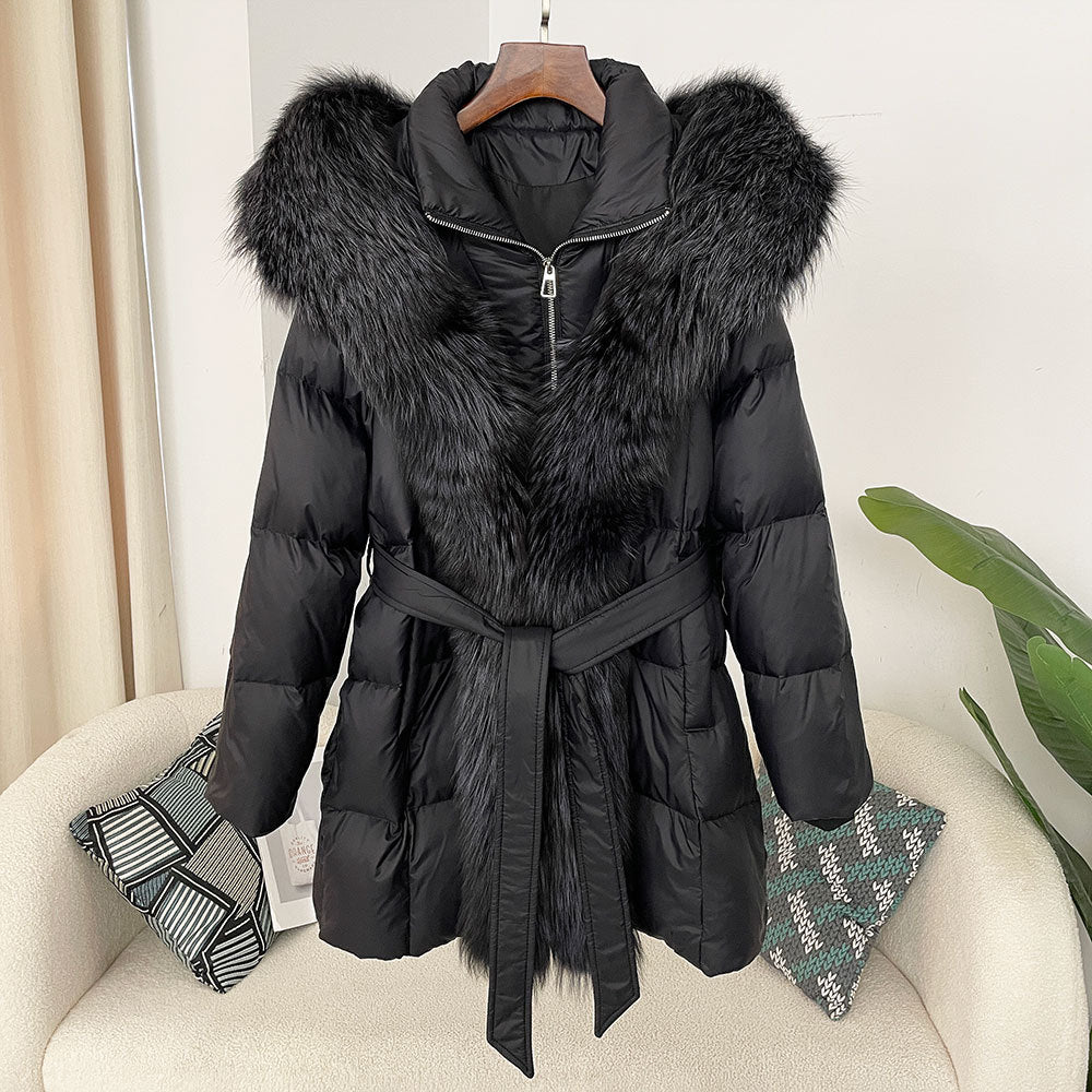 Hooded Down Jacket with Fox Fur Collar for Women-Casual Fashion - The Artisan's Wardrobe