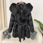 Hooded Down Jacket with Fox Fur Collar for Women-Casual Fashion - The Artisan's Wardrobe