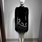 Diamond Feather Skirt Dress with Shoulder Pads - Fashionable Retro Black Short Dress for Banquet and Performance-Casual Fashion - The Artisan's Wardrobe