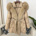 Hooded Down Jacket with Fox Fur Collar for Women-Casual Fashion - The Artisan's Wardrobe