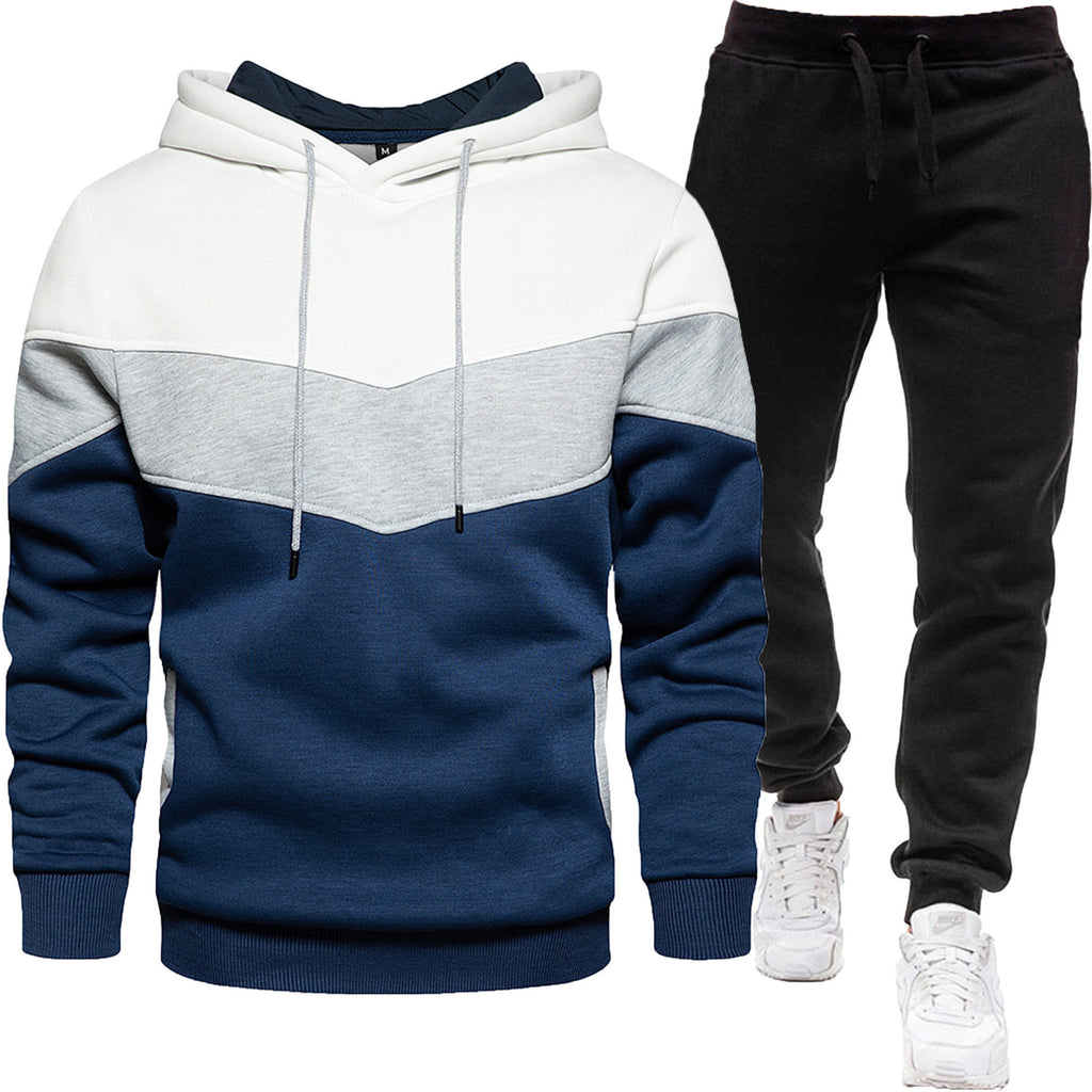 Men's three color hoodie sports suit, fashionable and casual, spring and autumn splicing hooded top, long pants two-piece set-Casual Fashion - The Artisan's Wardrobe