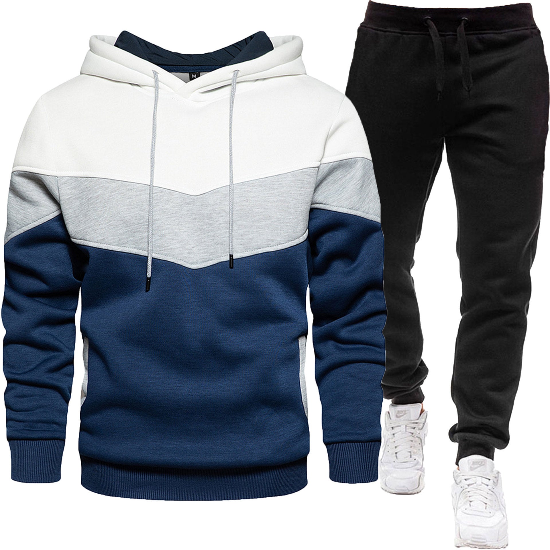 Men's three color hoodie sports suit, fashionable and casual, spring and autumn splicing hooded top, long pants two-piece set-Casual Fashion - The Artisan's Wardrobe