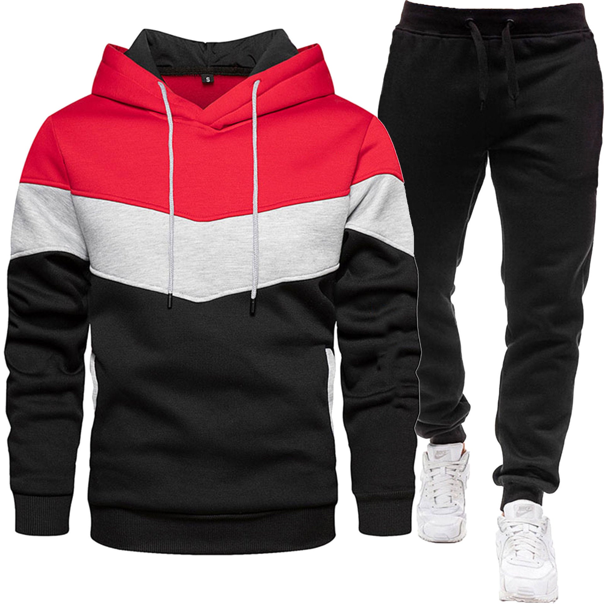 Men's three color hoodie sports suit, fashionable and casual, spring and autumn splicing hooded top, long pants two-piece set-Casual Fashion - The Artisan's Wardrobe