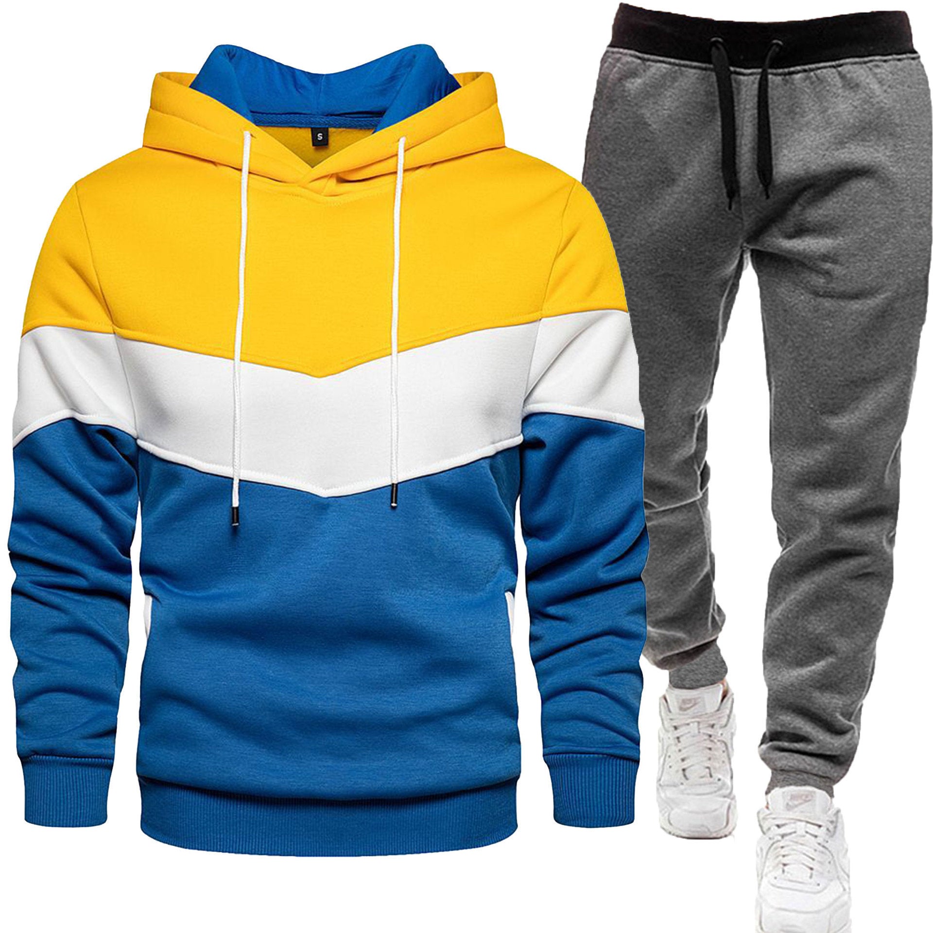 Men's three color hoodie sports suit, fashionable and casual, spring and autumn splicing hooded top, long pants two-piece set-Casual Fashion - The Artisan's Wardrobe