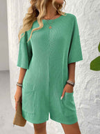 Backless Textured Romper with Round Neck and Half Sleeves for a Trendy Style-Casual Fashion - The Artisan's Wardrobe
