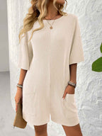 Backless Textured Romper with Round Neck and Half Sleeves for a Trendy Style-Casual Fashion - The Artisan's Wardrobe