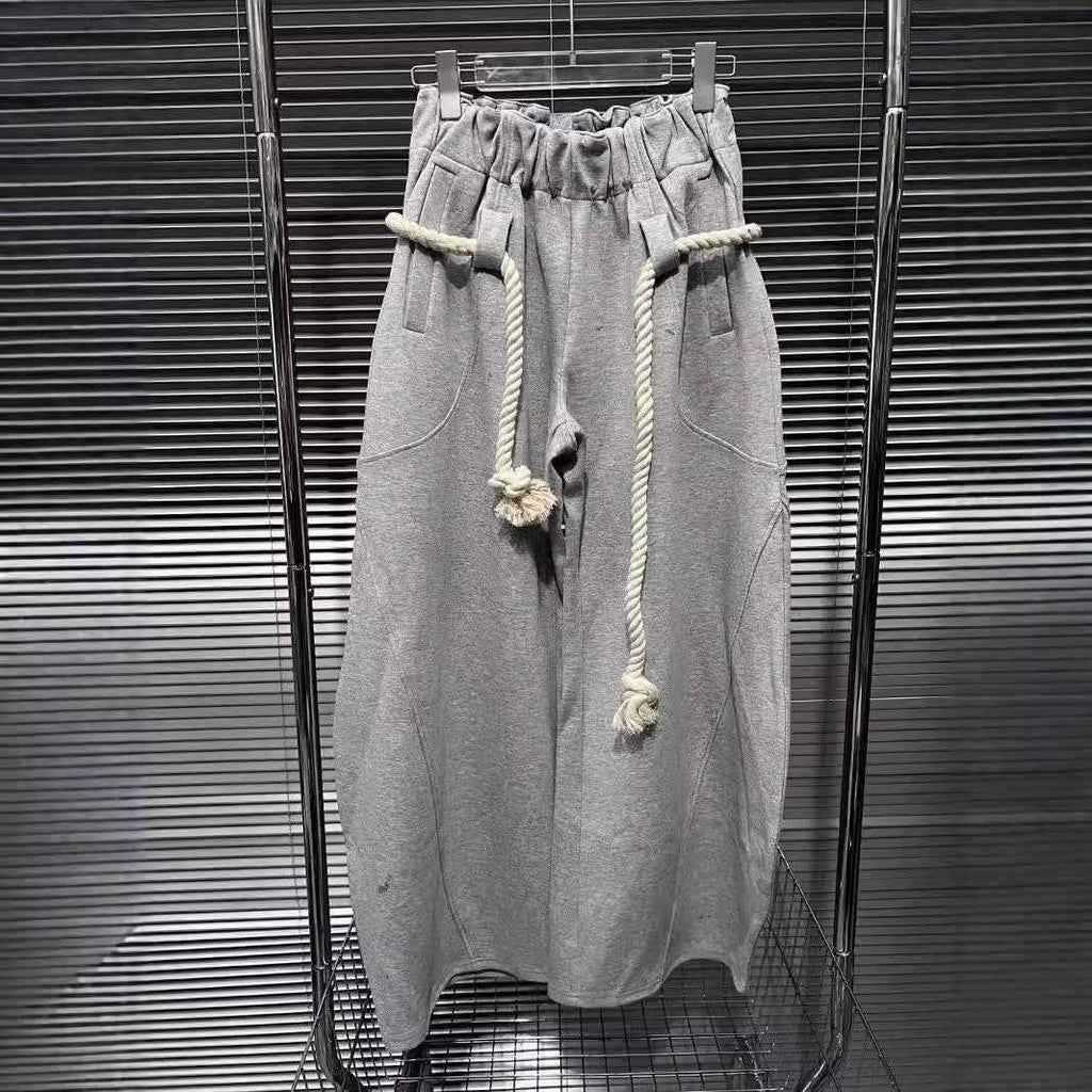 High Waist Flower Gray Casual Pants with Broken Seam and Thick Cotton Rope, Wide Version Curved Knife Guard Design-Casual Fashion - The Artisan's Wardrobe