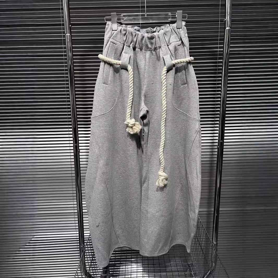 High Waist Flower Gray Casual Pants with Broken Seam and Thick Cotton Rope, Wide Version Curved Knife Guard Design-Casual Fashion - The Artisan's Wardrobe