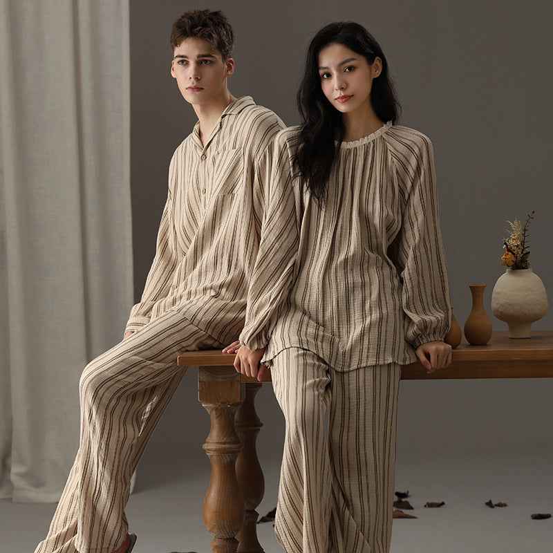 Couple's sleepwear autumn new item Wabi Sabi style cotton yarn can be worn outside loose men's and women's home clothes