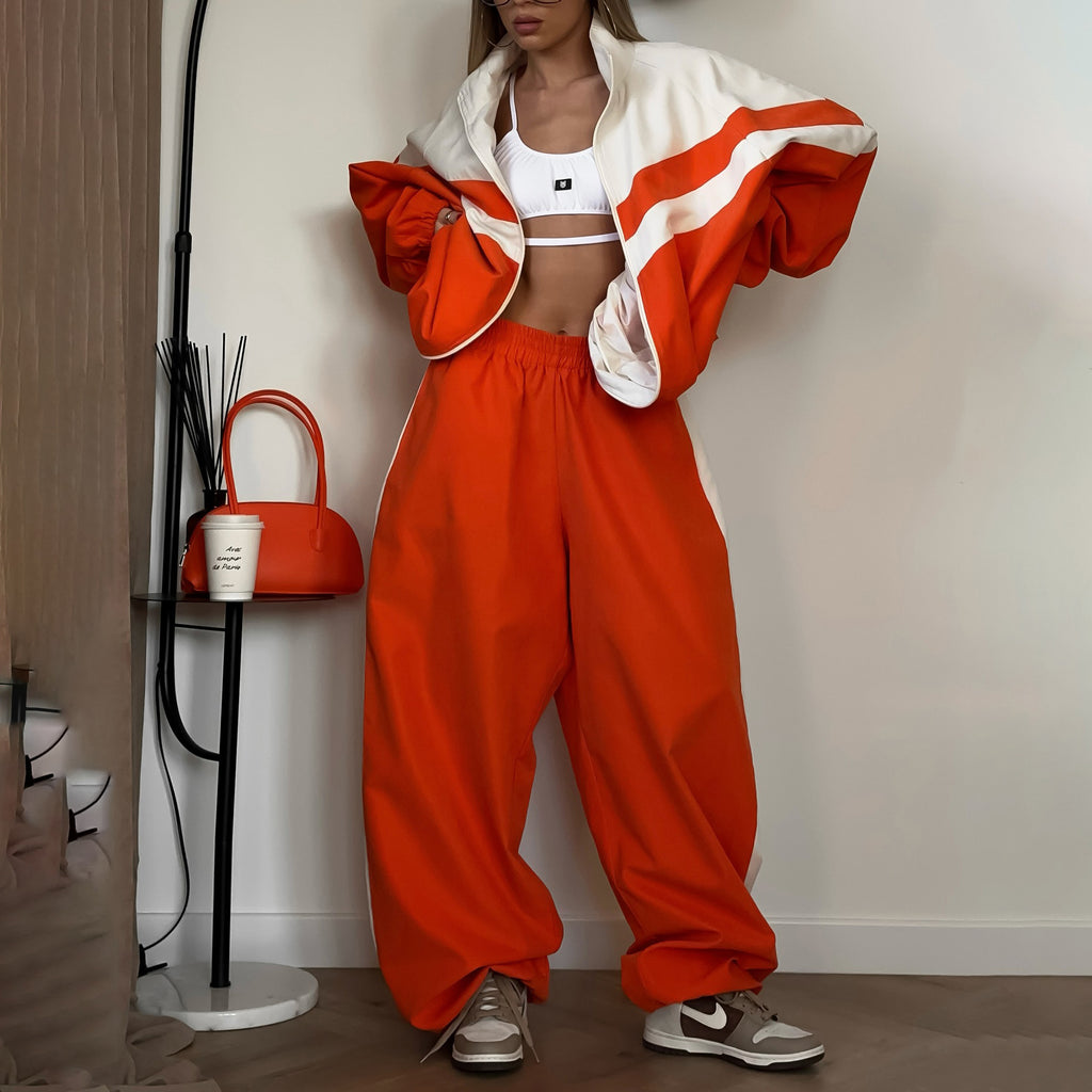 Women's Sportswear Set with Personalized Stripes, Contrasting Colors, Loose Fit, Two Piece for Spring and Autumn-Casual Fashion - The Artisan's Wardrobe