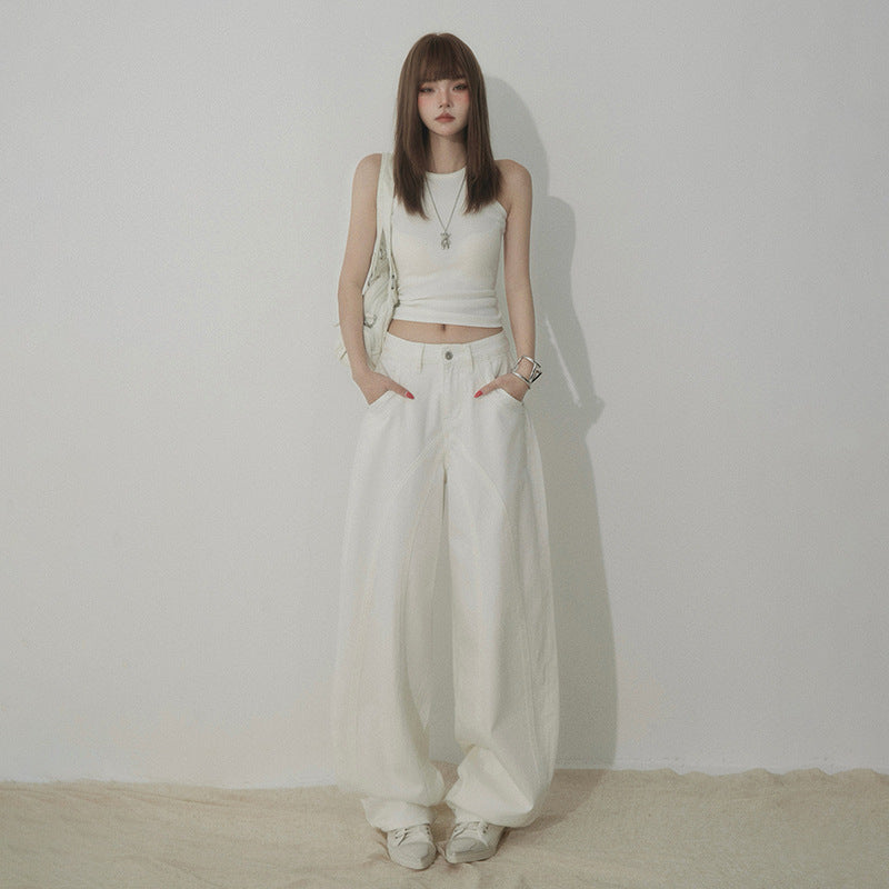 White High-Waisted Knife-Edge Jeans Women Casual Slim-Fit Wide-Leg Pants
