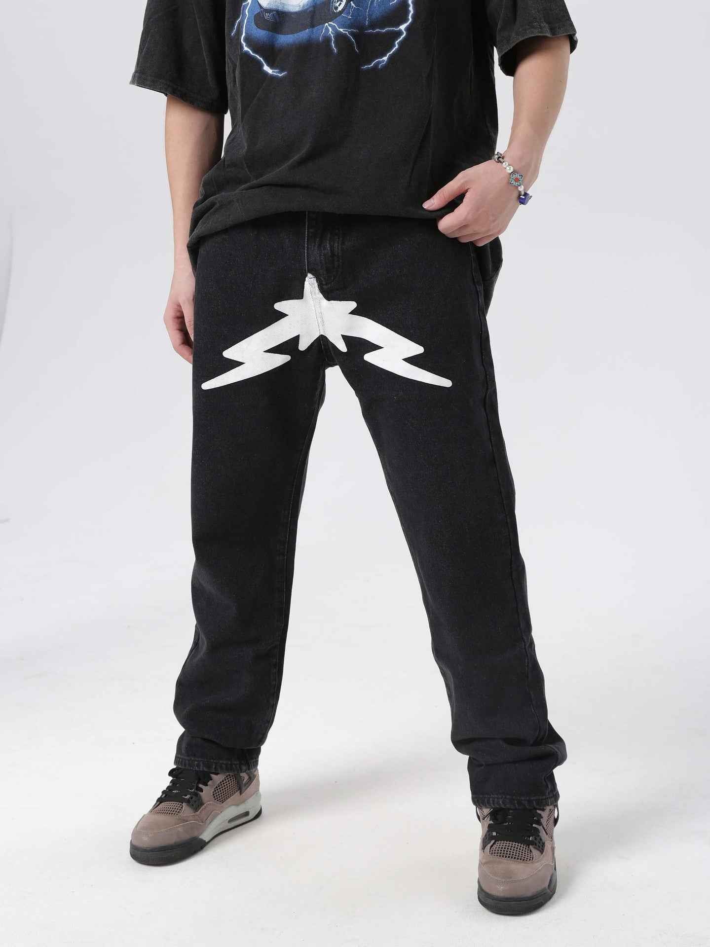 American High Street Pentagram Printed Jeans for Men - Fashion Brand Street Loose Wide Leg Casual Trousers-Casual Fashion - The Artisan's Wardrobe