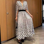 V-neck Polka Dot Dress with Slit - Long Sleeve Long Skirt Women's Dress-Casual Fashion - The Artisan's Wardrobe
