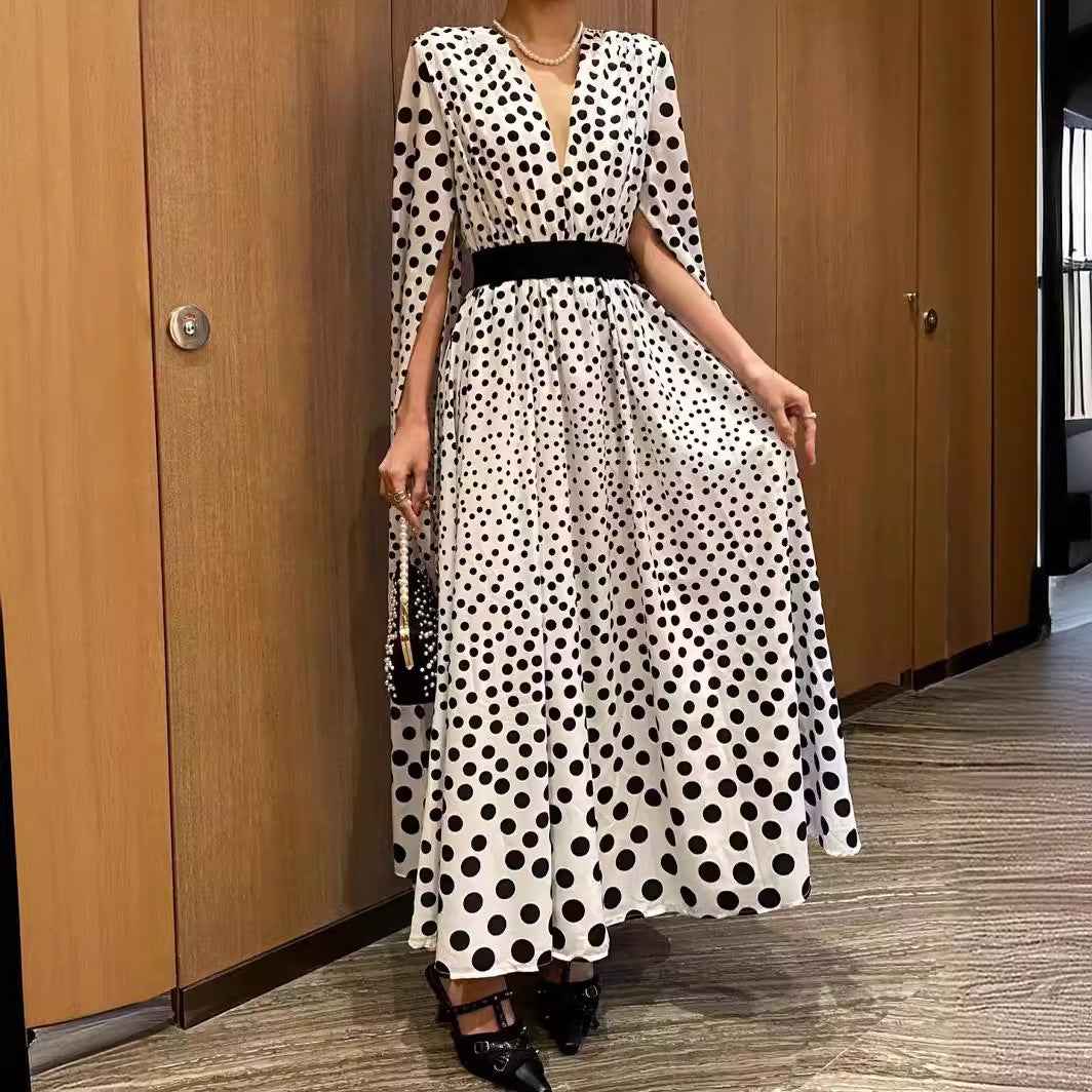 V-neck Polka Dot Dress with Slit - Long Sleeve Long Skirt Women's Dress-Casual Fashion - The Artisan's Wardrobe