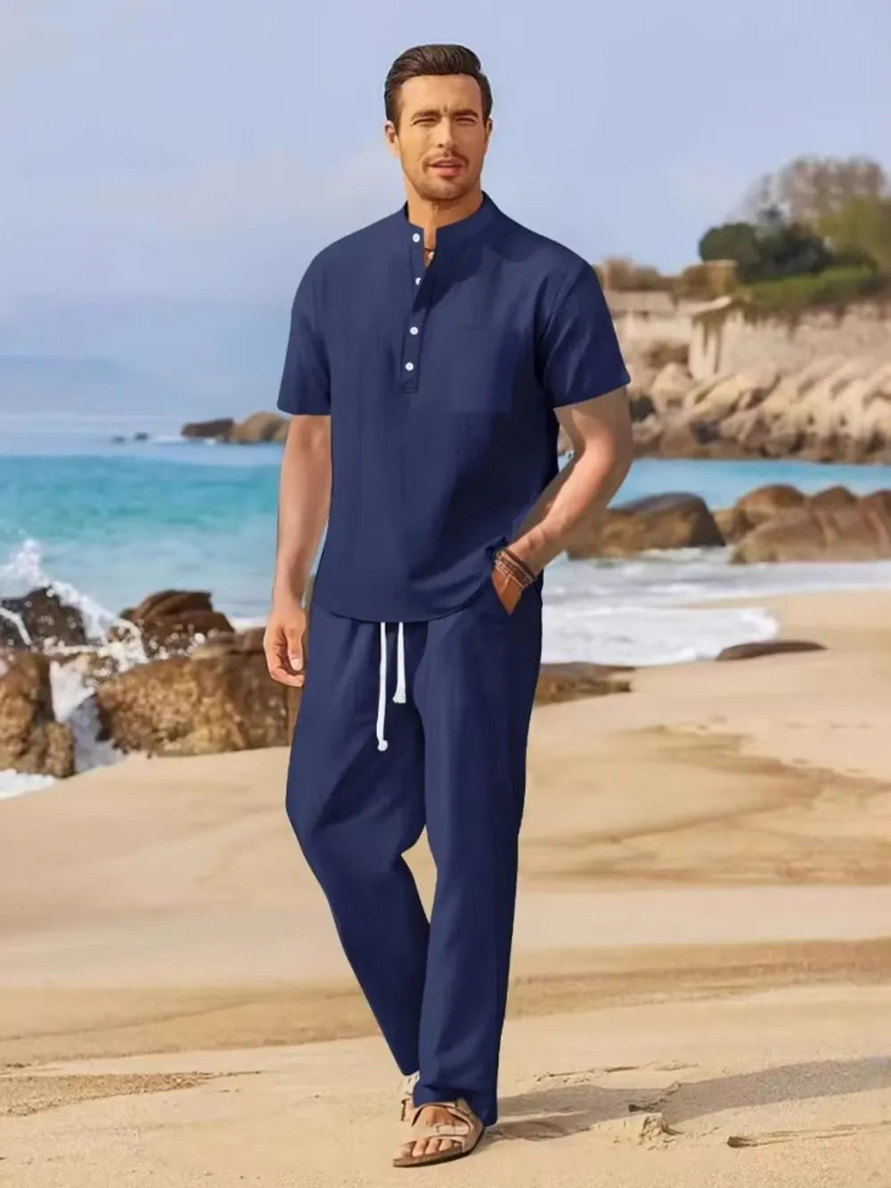 Men's Plus Size Set: Half Button Top and Drawstring Pants in Comfortable Styles-Casual Fashion - The Artisan's Wardrobe
