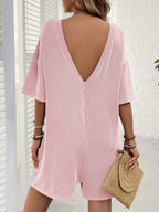 Backless Textured Romper with Round Neck and Half Sleeves for a Trendy Style-Casual Fashion - The Artisan's Wardrobe