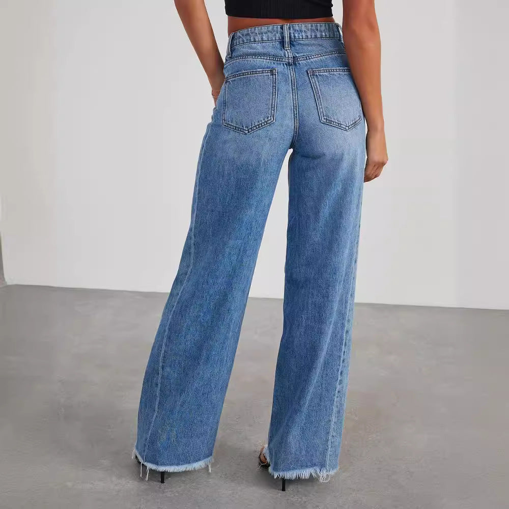 Loose Wide Leg Denim Jeans with Side Seam Splicing and Brushed Hem for Women-Casual Fashion - The Artisan's Wardrobe