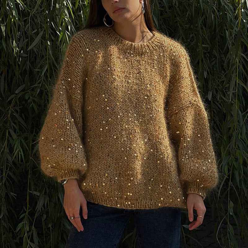 Fashionable sequined sweater, loose round neck lantern sleeve head, knitted sweater-Casual Fashion - The Artisan's Wardrobe
