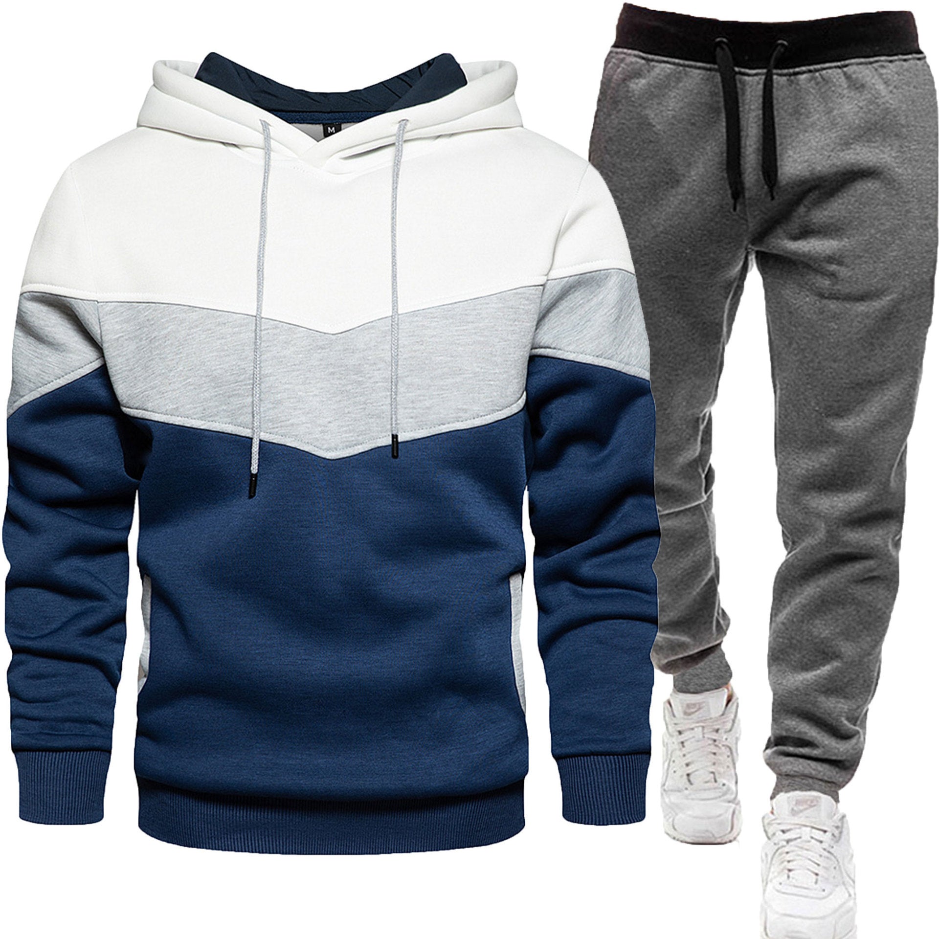 Men's three color hoodie sports suit, fashionable and casual, spring and autumn splicing hooded top, long pants two-piece set-Casual Fashion - The Artisan's Wardrobe