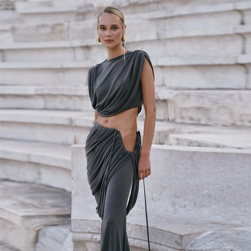 European and American Style Exposed Navel Top and Pants Set - High Waist Pleated Flared Trousers for Women-Casual Fashion - The Artisan's Wardrobe