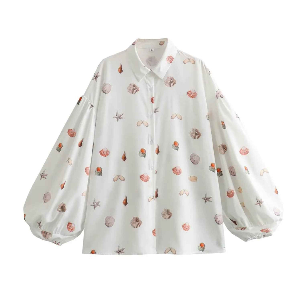 Fashion Shell Printed Long Sleeve Women's Casual Printed Shirt Set with Splicing Shorts-Casual Fashion - The Artisan's Wardrobe