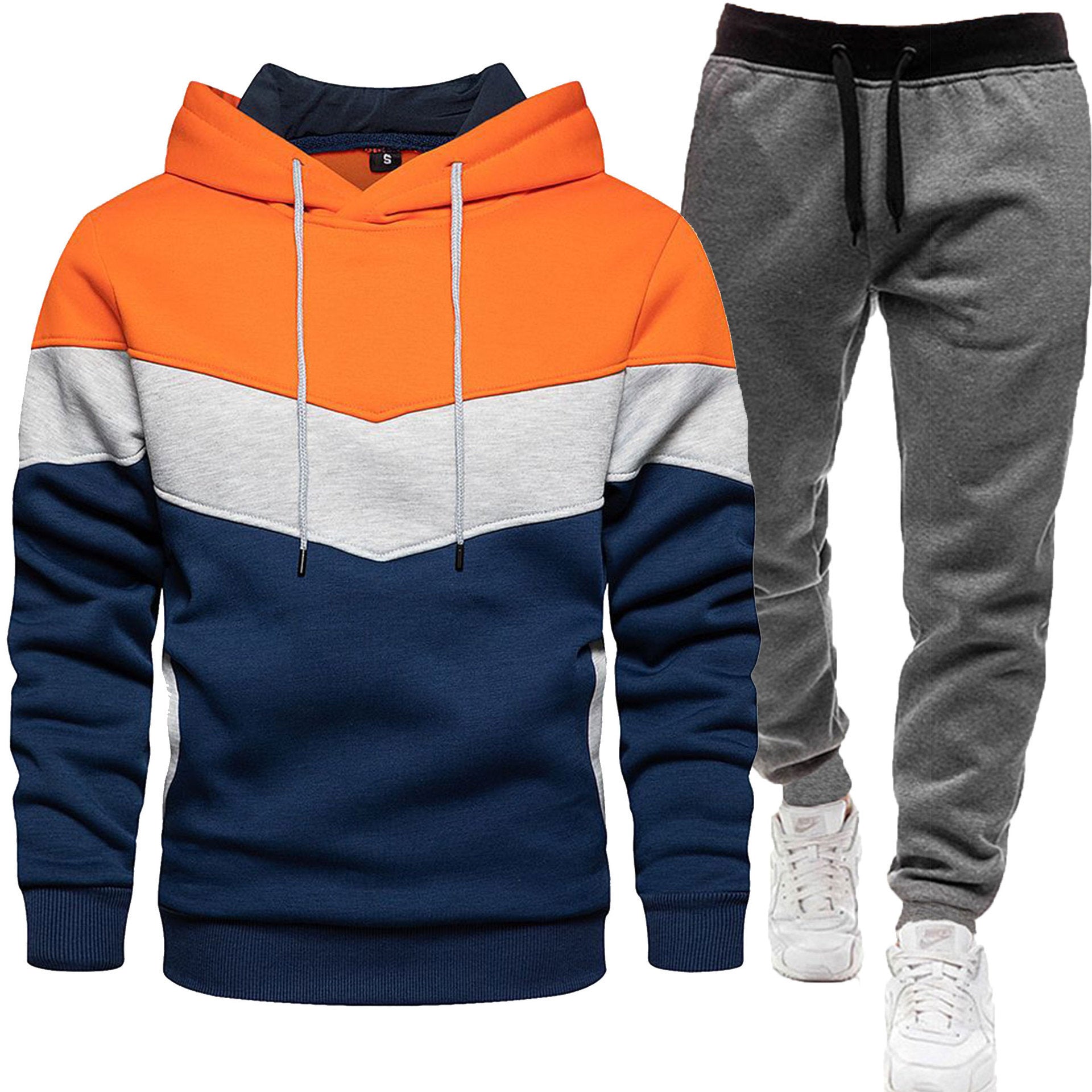 Men's three color hoodie sports suit, fashionable and casual, spring and autumn splicing hooded top, long pants two-piece set-Casual Fashion - The Artisan's Wardrobe