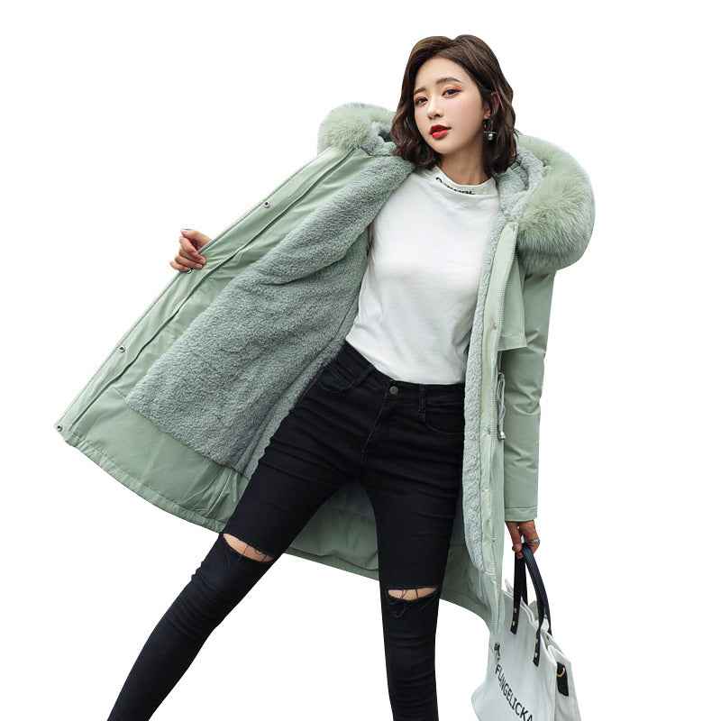 Korean Fur Collar Fleece Jacket for Women's Fashion - Long and Medium Length Cotton Jacket with Big Fur Collar-Casual Fashion - The Artisan's Wardrobe