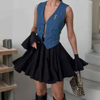 Splicing Black Fungus Pleated Mini Skirt - European and American Street Trend-Casual Fashion - The Artisan's Wardrobe