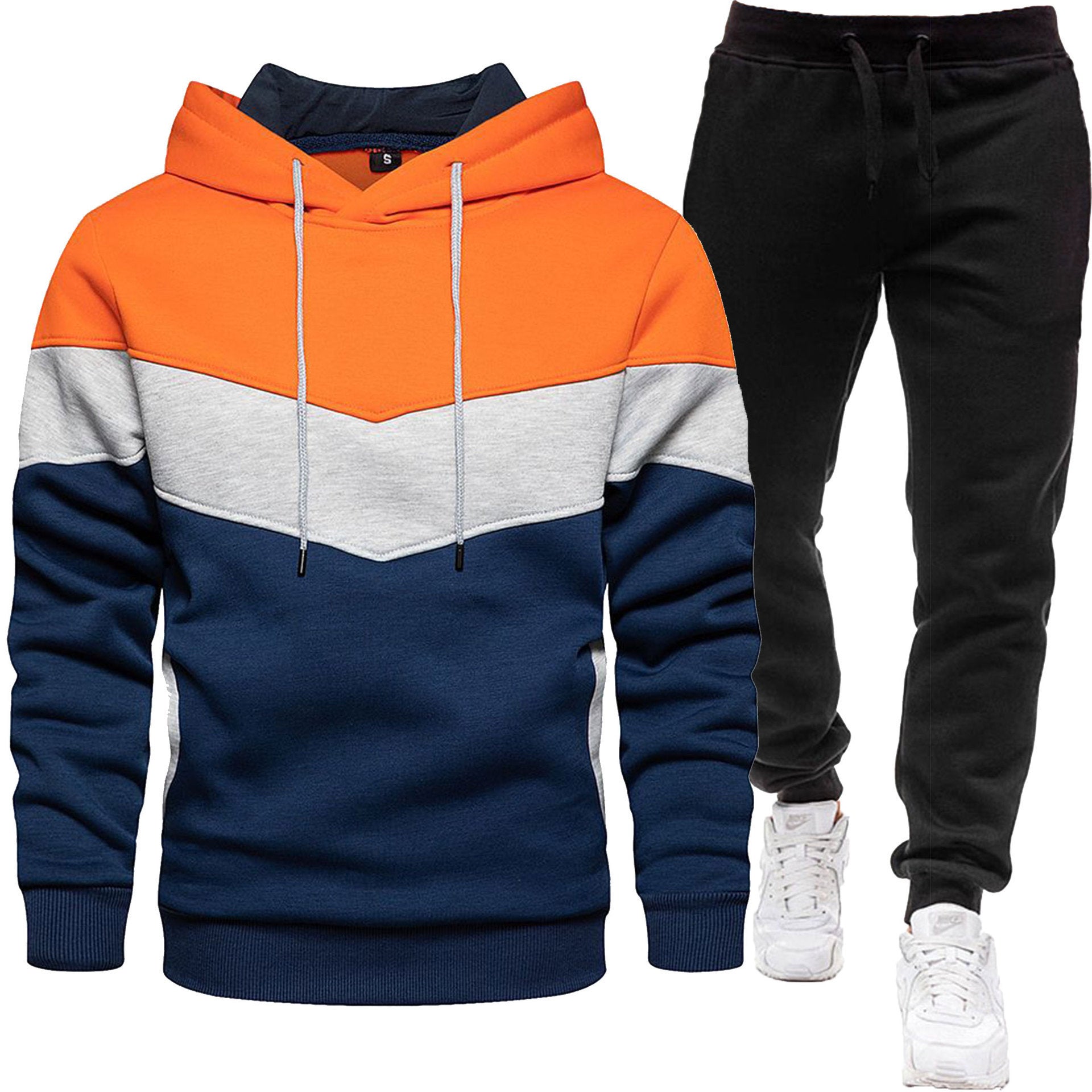 Men's three color hoodie sports suit, fashionable and casual, spring and autumn splicing hooded top, long pants two-piece set-Casual Fashion - The Artisan's Wardrobe