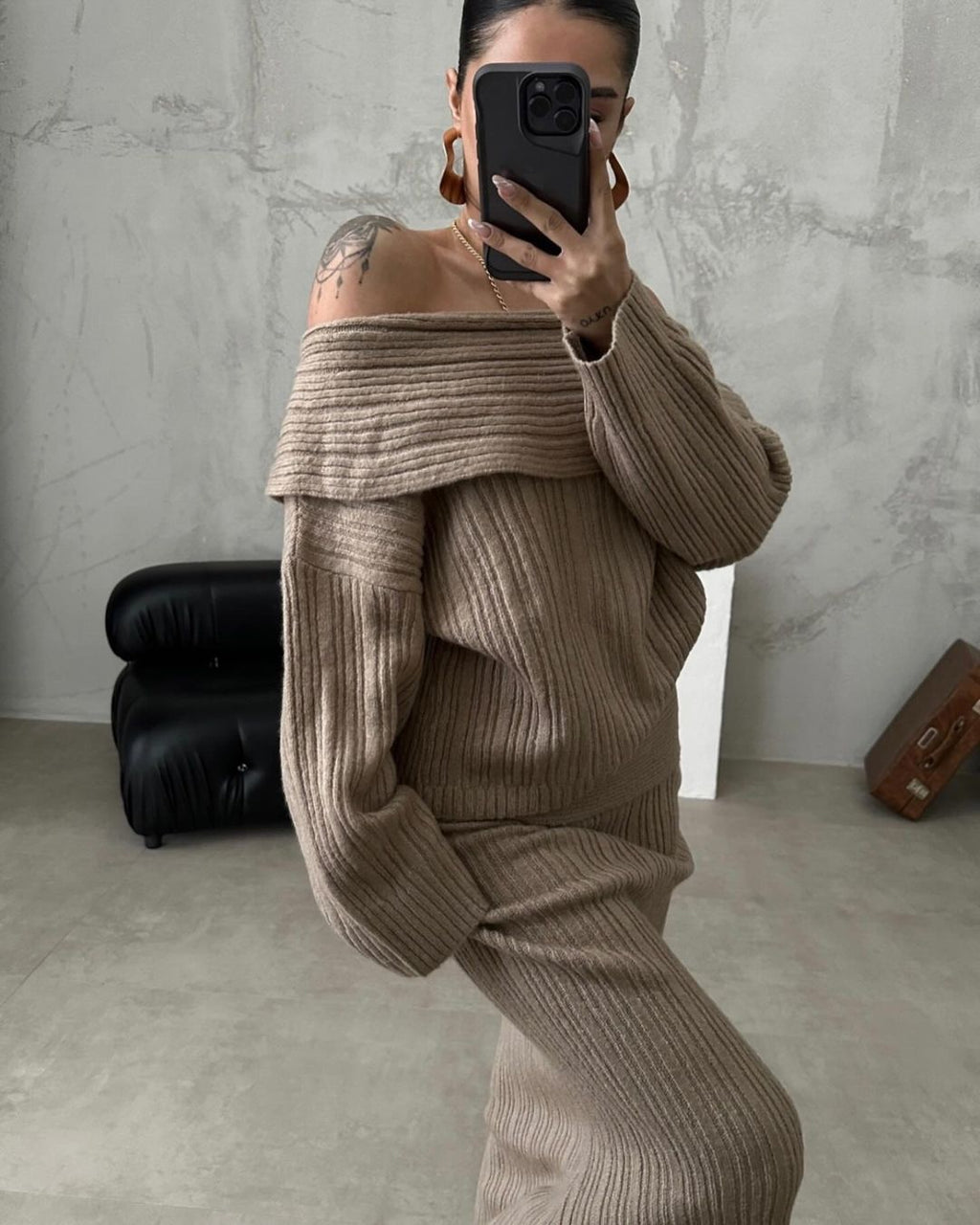 Winter Knitted Two Piece Set for Women - Elegant Off Shoulder Sweater and Slim Skirt Suit for Fashionable Office Ladies-Casual Fashion - The Artisan's Wardrobe