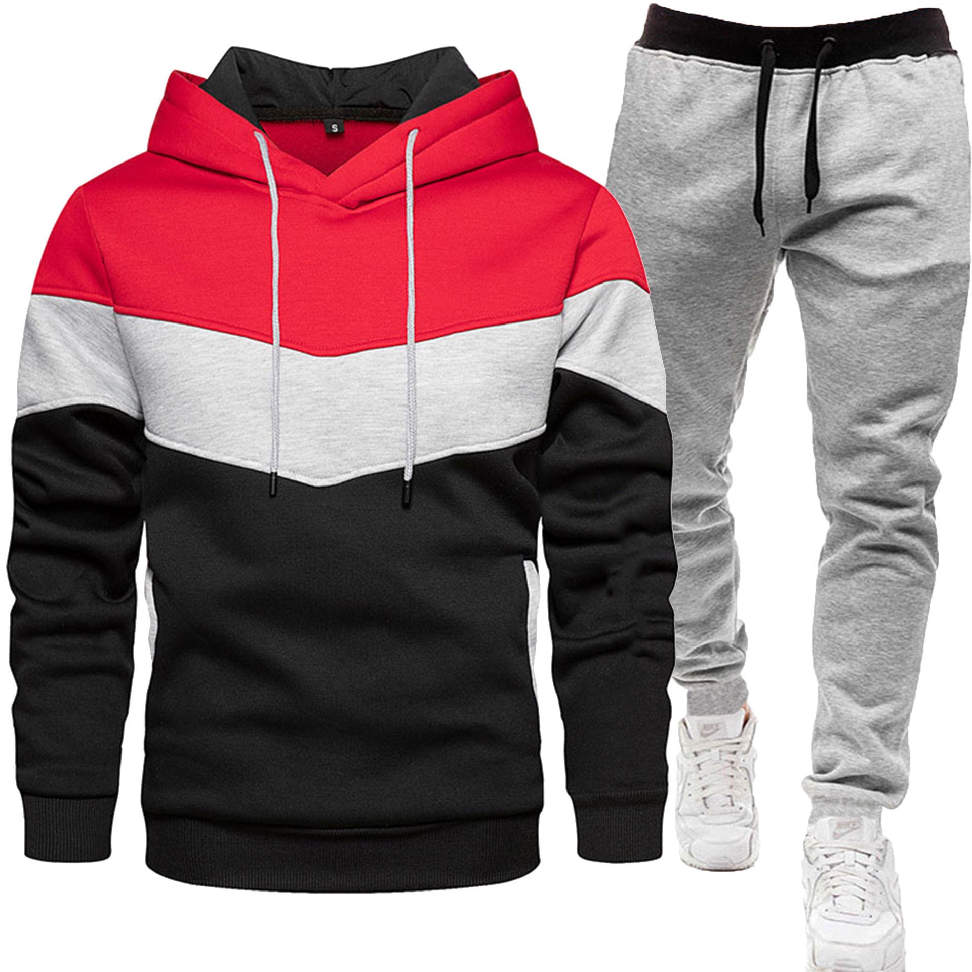 Men's three color hoodie sports suit, fashionable and casual, spring and autumn splicing hooded top, long pants two-piece set-Casual Fashion - The Artisan's Wardrobe