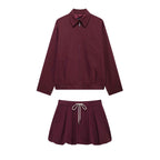 Two Piece Retro Wine Red Jacket Women’s Lantern Mini-Casual Fashion - The Artisan's Wardrobe
